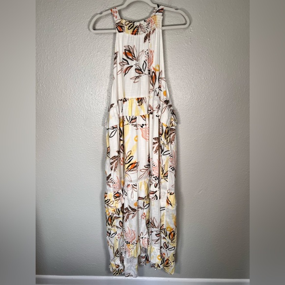 Free People Yellow Leaf Watercolor Cotton Gauze Anita Tiered Maxi Halter Size S - Picture 6 of 15